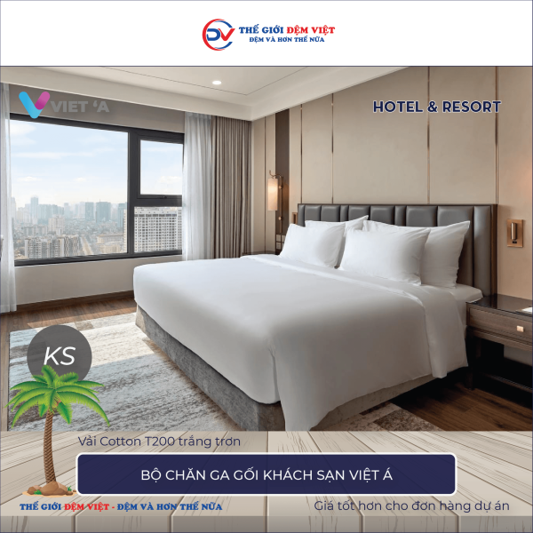 Bộ chăn ga gối khách sạn Việt Á Cotton T200 trắng trơn
